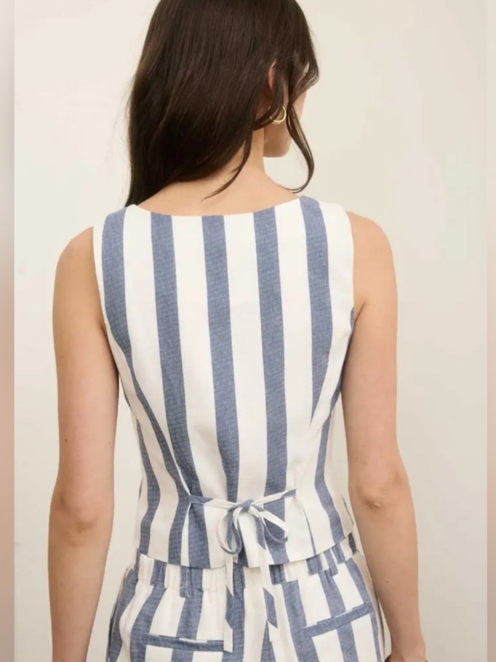 The Workshop Linen Rayon Blue White Striped Vest Top Shorts 2-piece Set Large - Picture 6 of 12